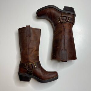 Vintage Y2K Engineer Harness Brown Leather Patina Square Toe Boots Women’s 6 US